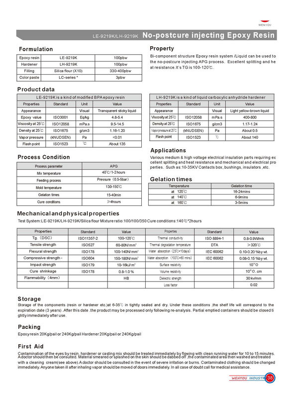 9219K Durcisseur époxy bicomposant avec résistance aux chocs thermiques et à la fracture pour l'isolation à tension moyenne et élevée